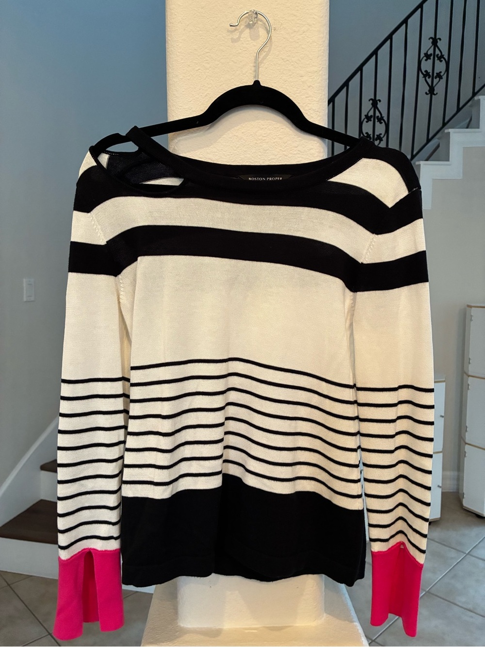 Boston Proper Black, White & Pink Striped Crewneck Sweater